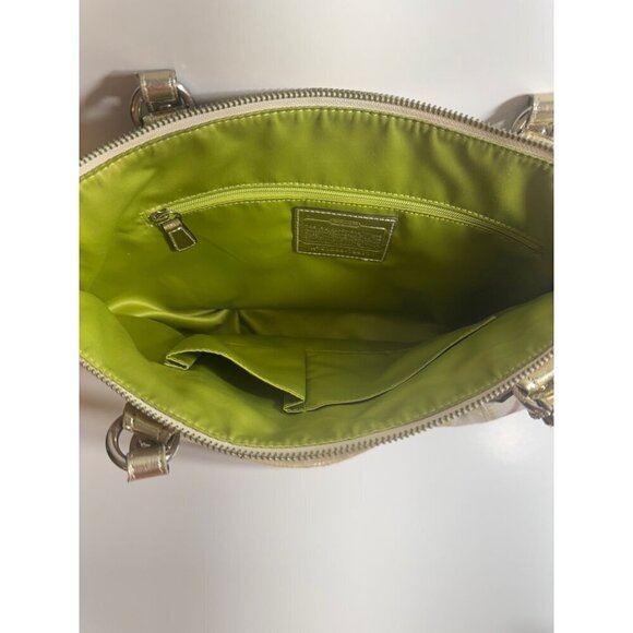 Coach Poppy Tattersall Signature Plaid Tote Bag Metallic Leather Trim 19871 15” - Picture 9 of 11